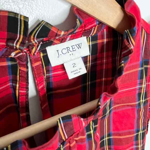 J. Crew Factory Tiered Midi Dress 2 Red Plaid Ruffle Neck Pockets Cotton Holiday - Picture 8 of 12